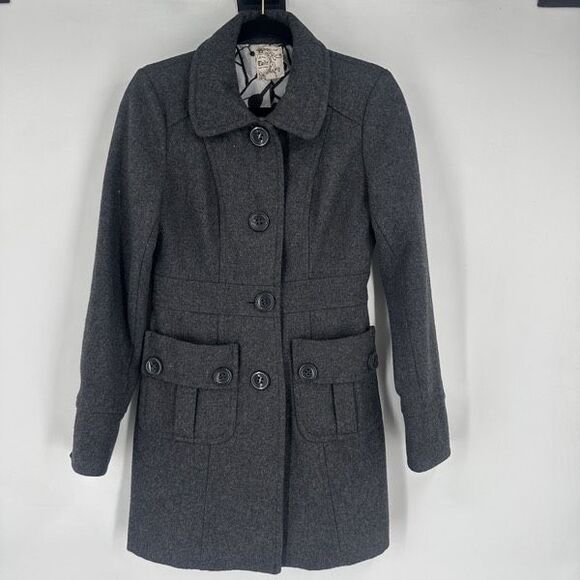 Anthropologie Tulle Grey Wool Blend Long Pea Coat Size S Peacoat Preppy Classic - Picture 7 of 12